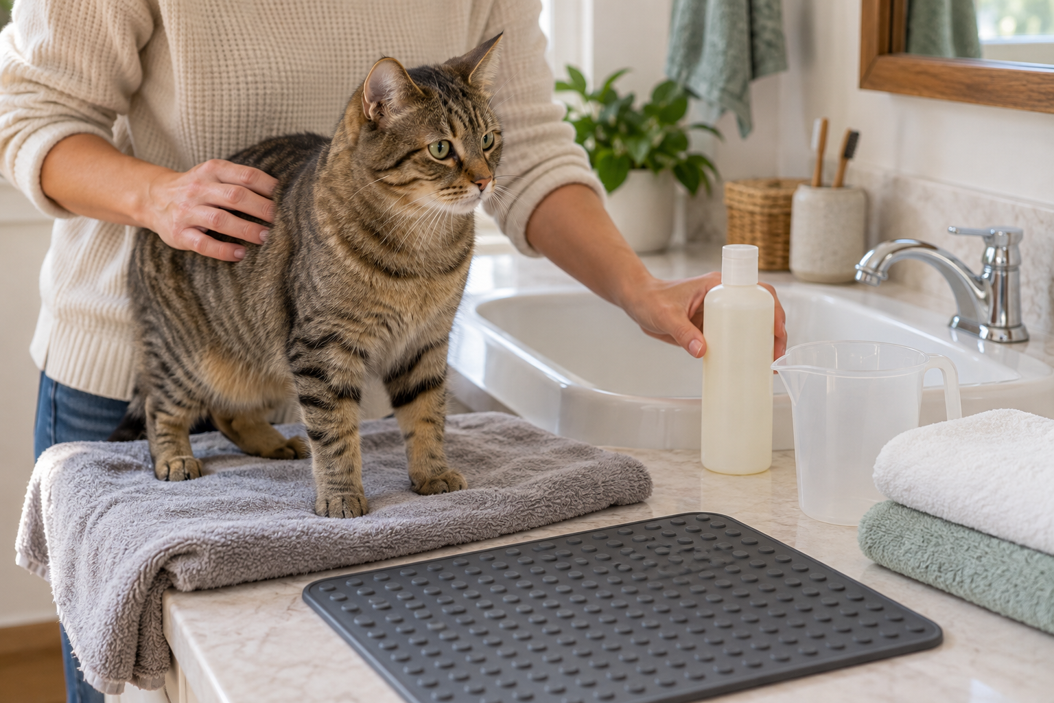 Cat beside a prepared sink with a non-slip mat, towels, rinsing cup and cat-safe shampoo