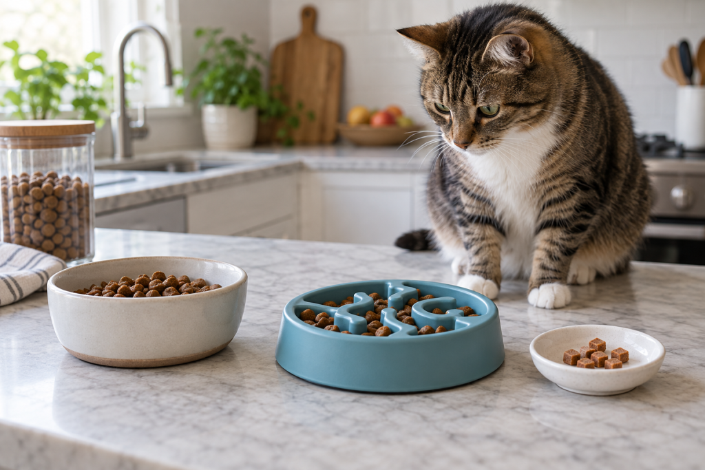 A measured daily cat-food portion divided among a meal bowl, puzzle feeder and training rewards