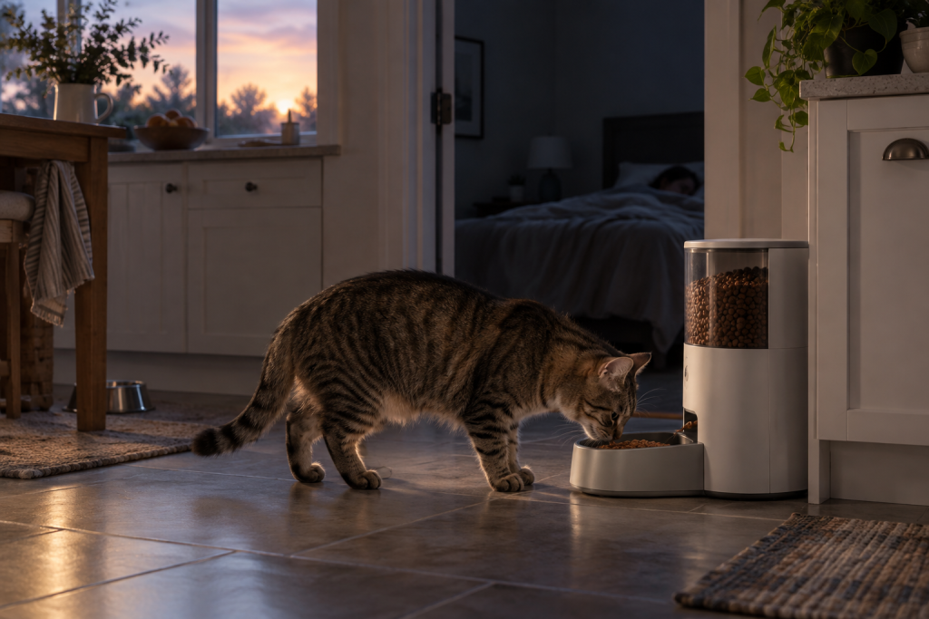 Tabby cat eating from a timed feeder at dawn while the bedroom remains dark