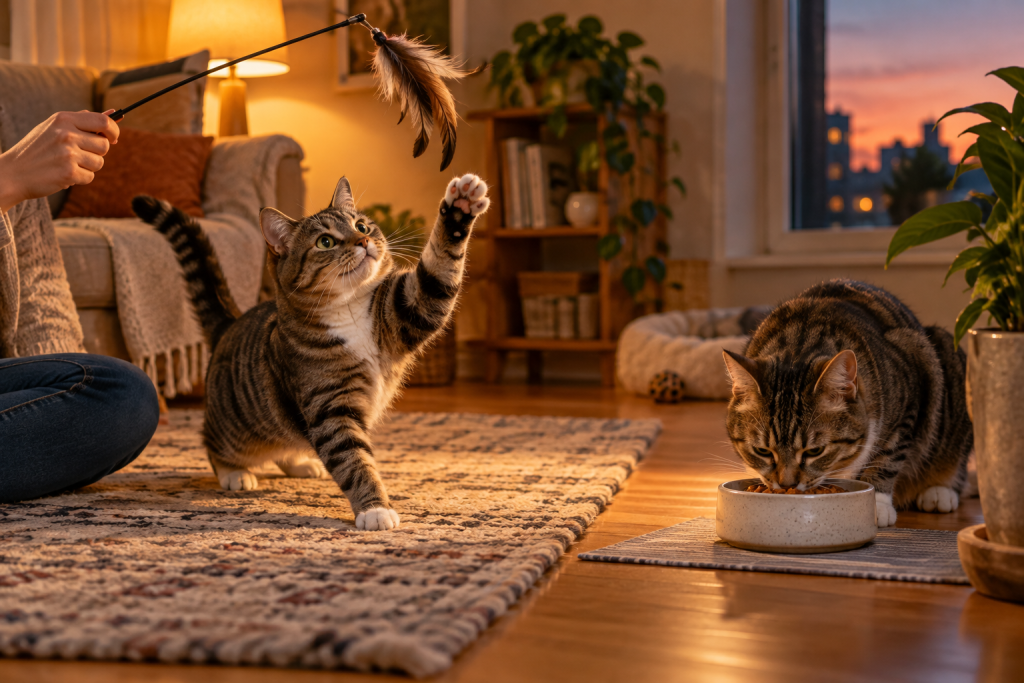 Cats playing with a wand toy and eating a measured evening meal