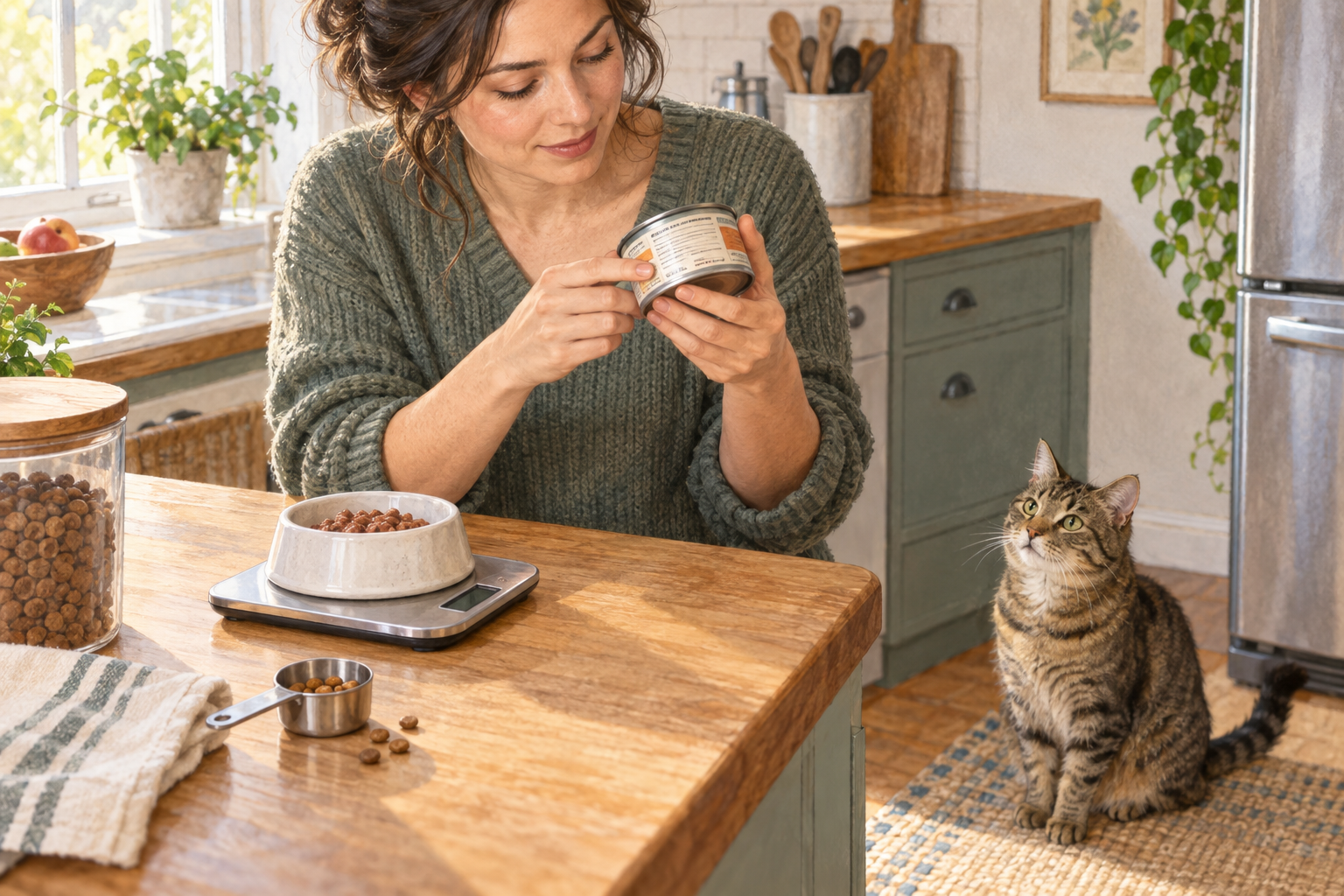 Cat owner checking a cat food label while measuring a portion for a tabby cat