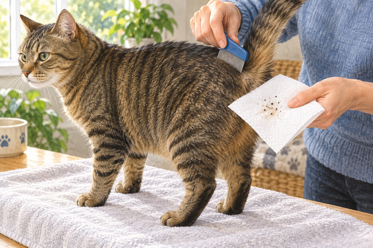 Owner using a flea comb over a cat’s lower back and tail base while checking debris on a white paper towel
