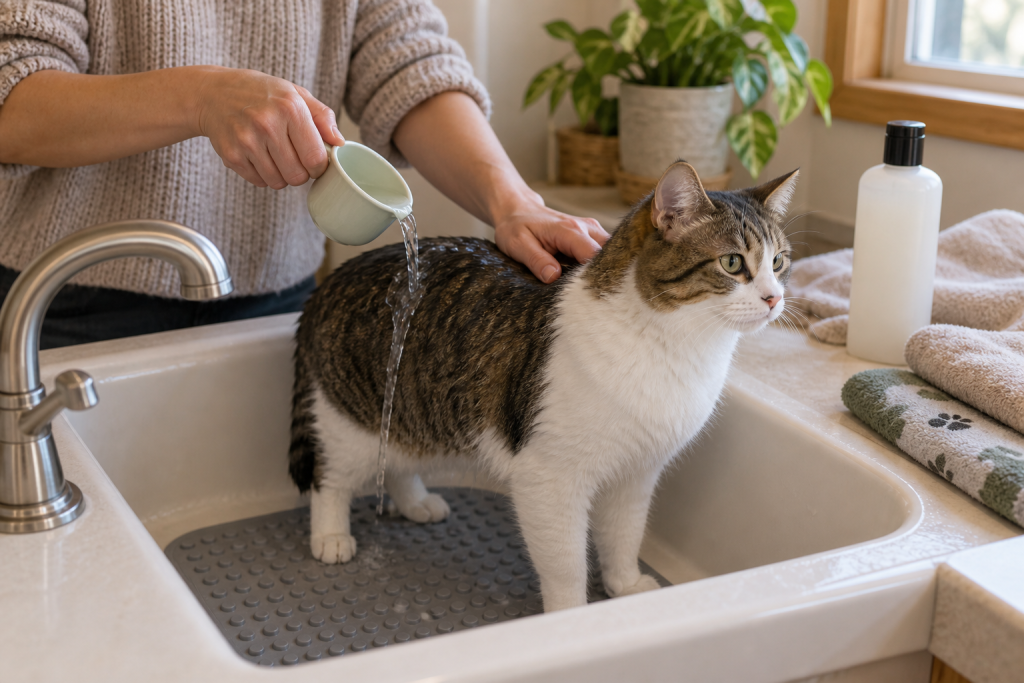 Cat on a non-slip mat in a sink while water is gently poured onto its back