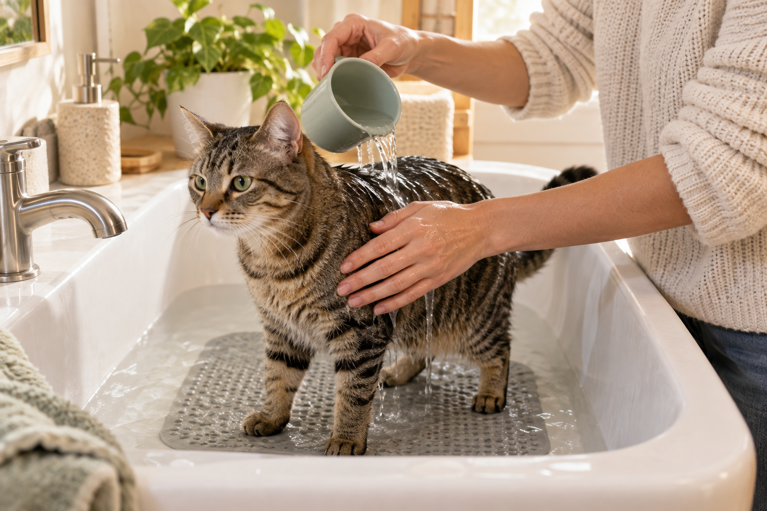 Owner gently pouring lukewarm water over a cat's shoulders while its face and ears remain dry