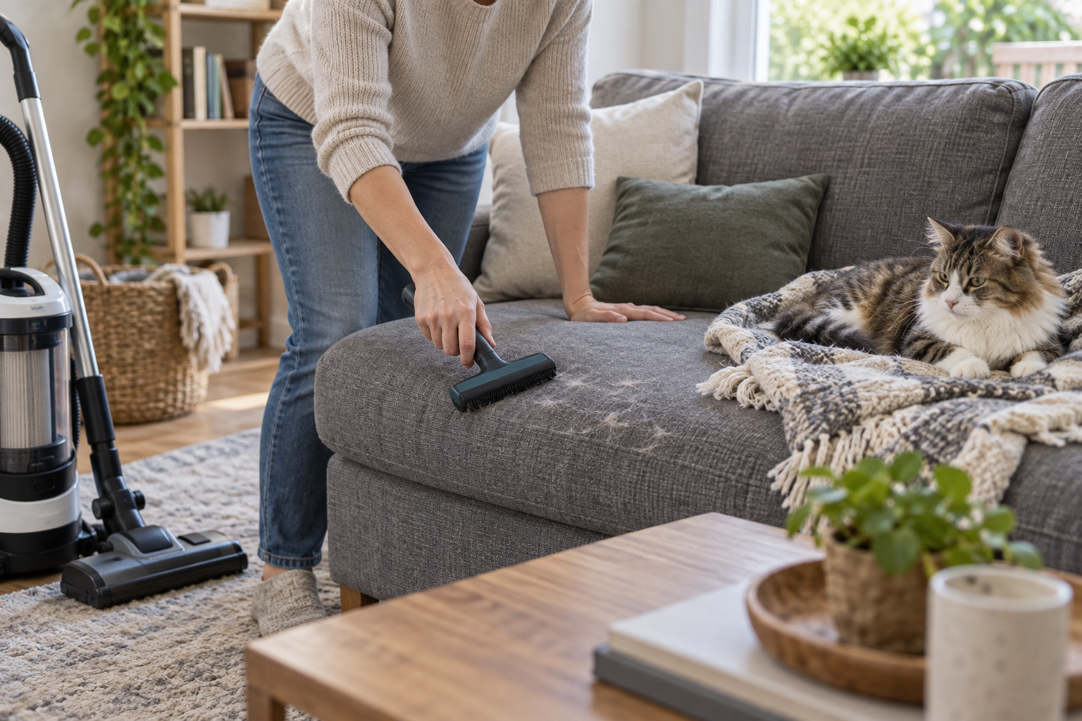 Owner removing loose cat hair from a sofa while a cat rests on a washable blanket