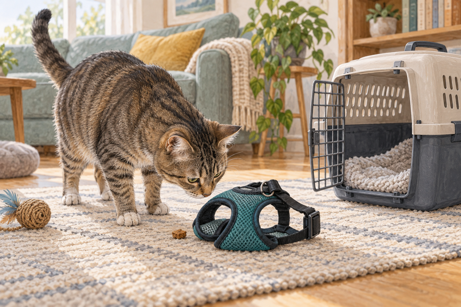 Cat investigating a harness beside an open carrier during indoor introduction
