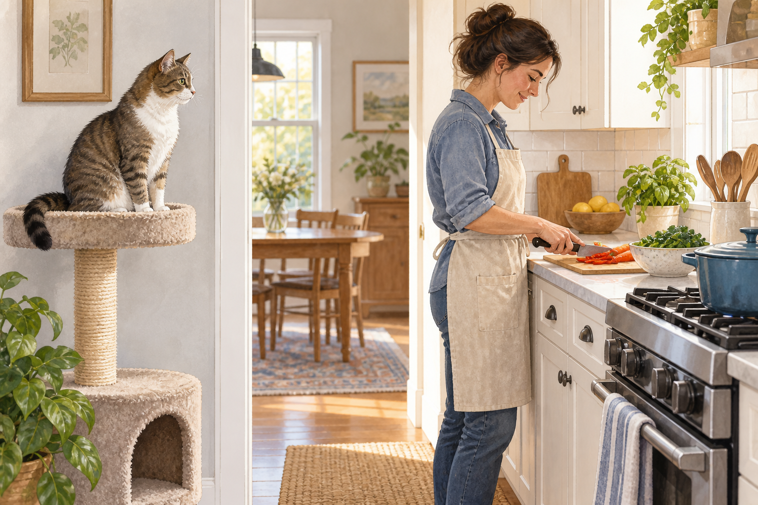 Cat resting on a stable perch outside the kitchen while a person prepares food