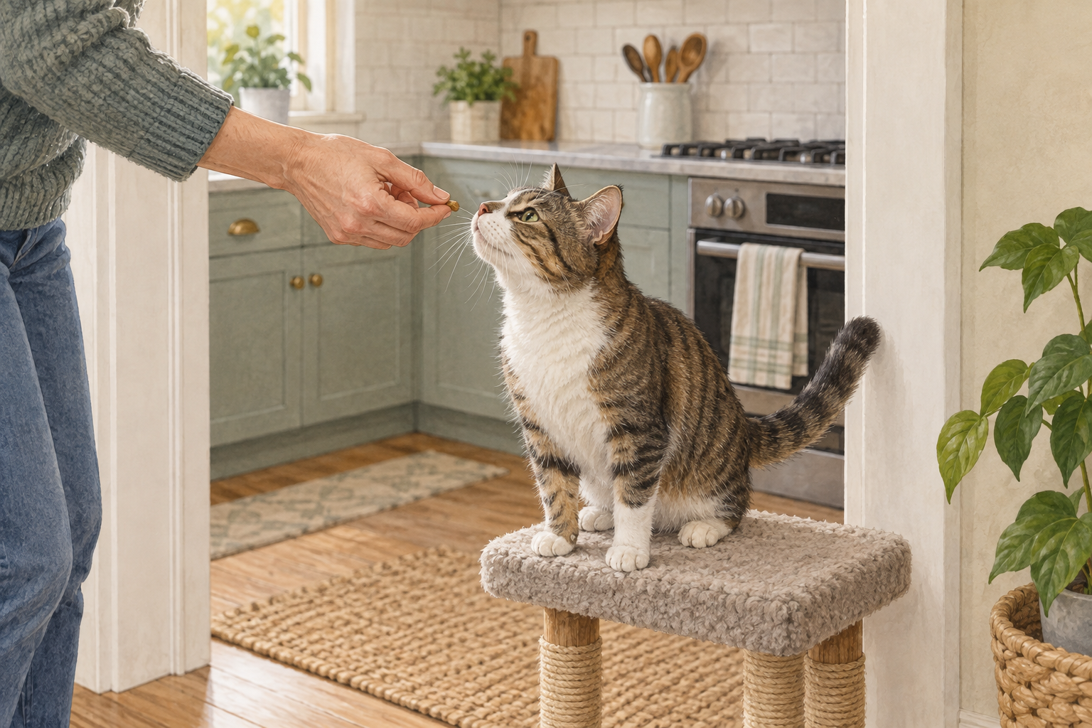 Cat receiving a small reward on its own perch beside a cleared kitchen counter