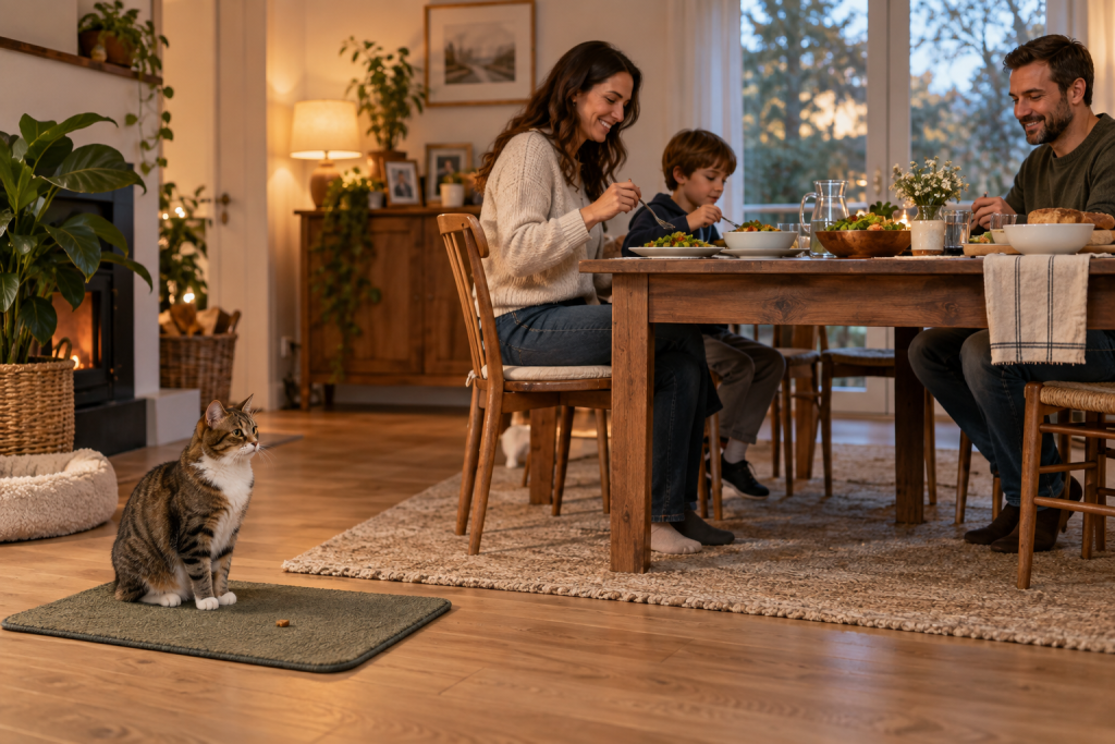 A cat waiting calmly on a designated mat away from a family dining table