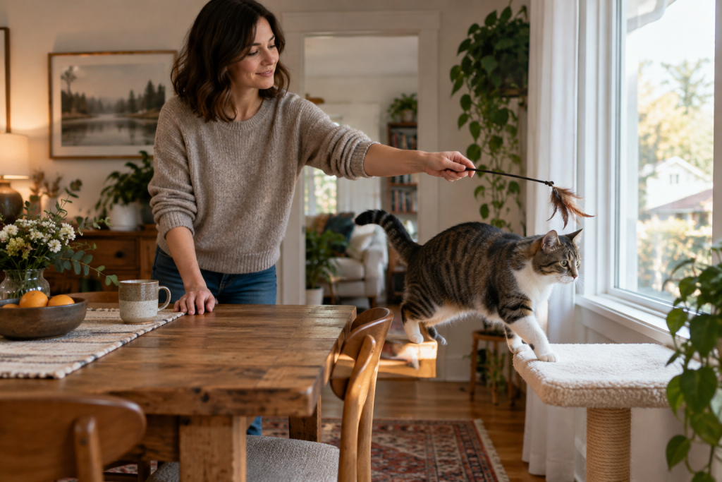 A person using a wand toy to guide a cat from the dining table toward a window perch