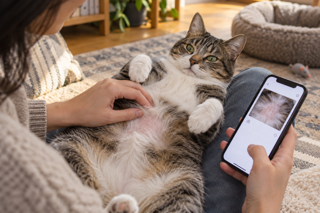 An owner gently checking and photographing a thinning patch on a cat's belly