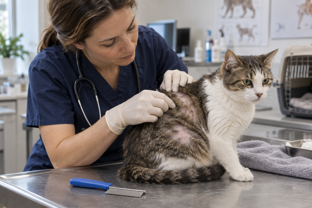 A veterinarian examining areas of hair loss on a cat and using a flea comb