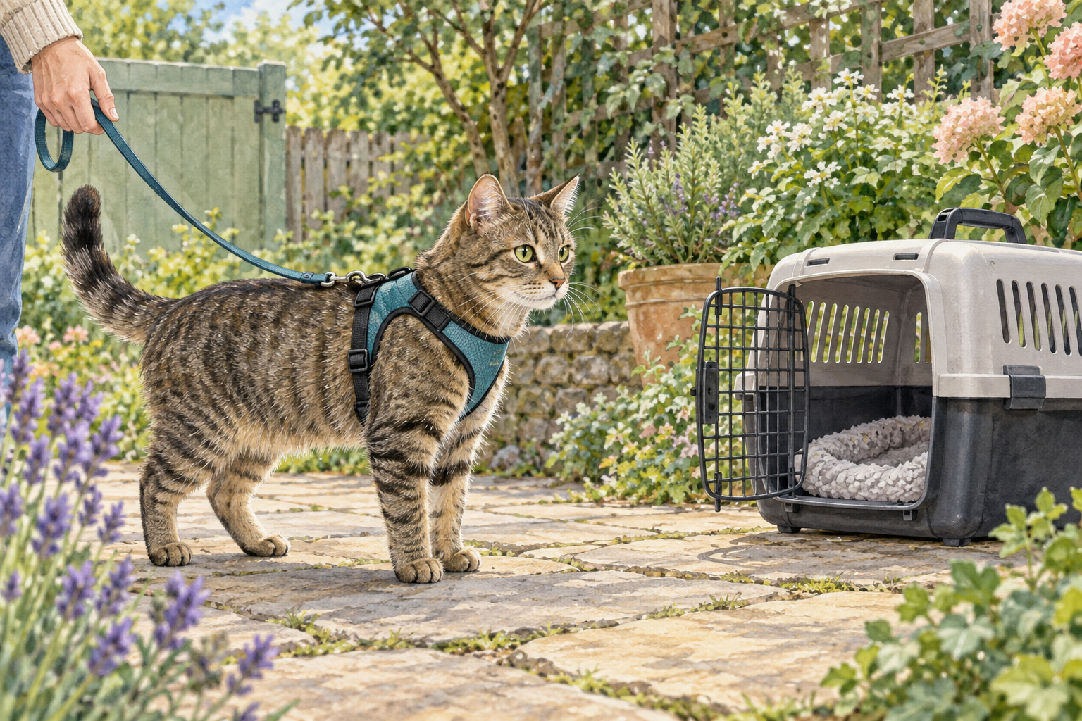 Cat wearing a harness in a quiet garden with an open carrier nearby