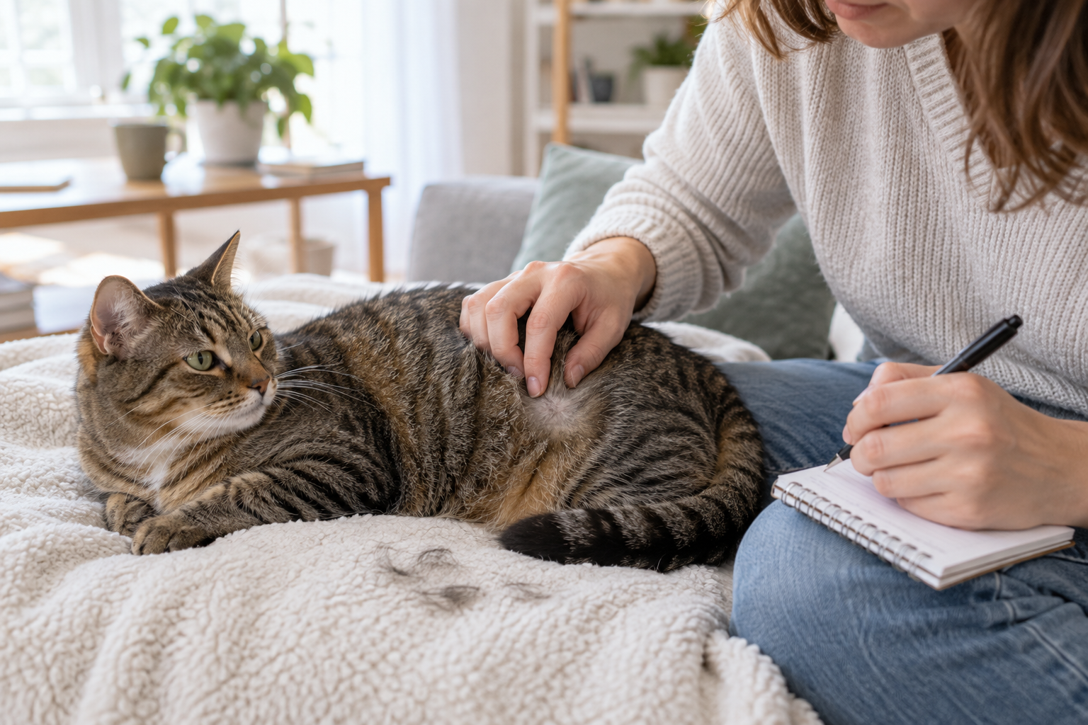 Owner gently parting a tabby cat's coat and recording changes in a notebook