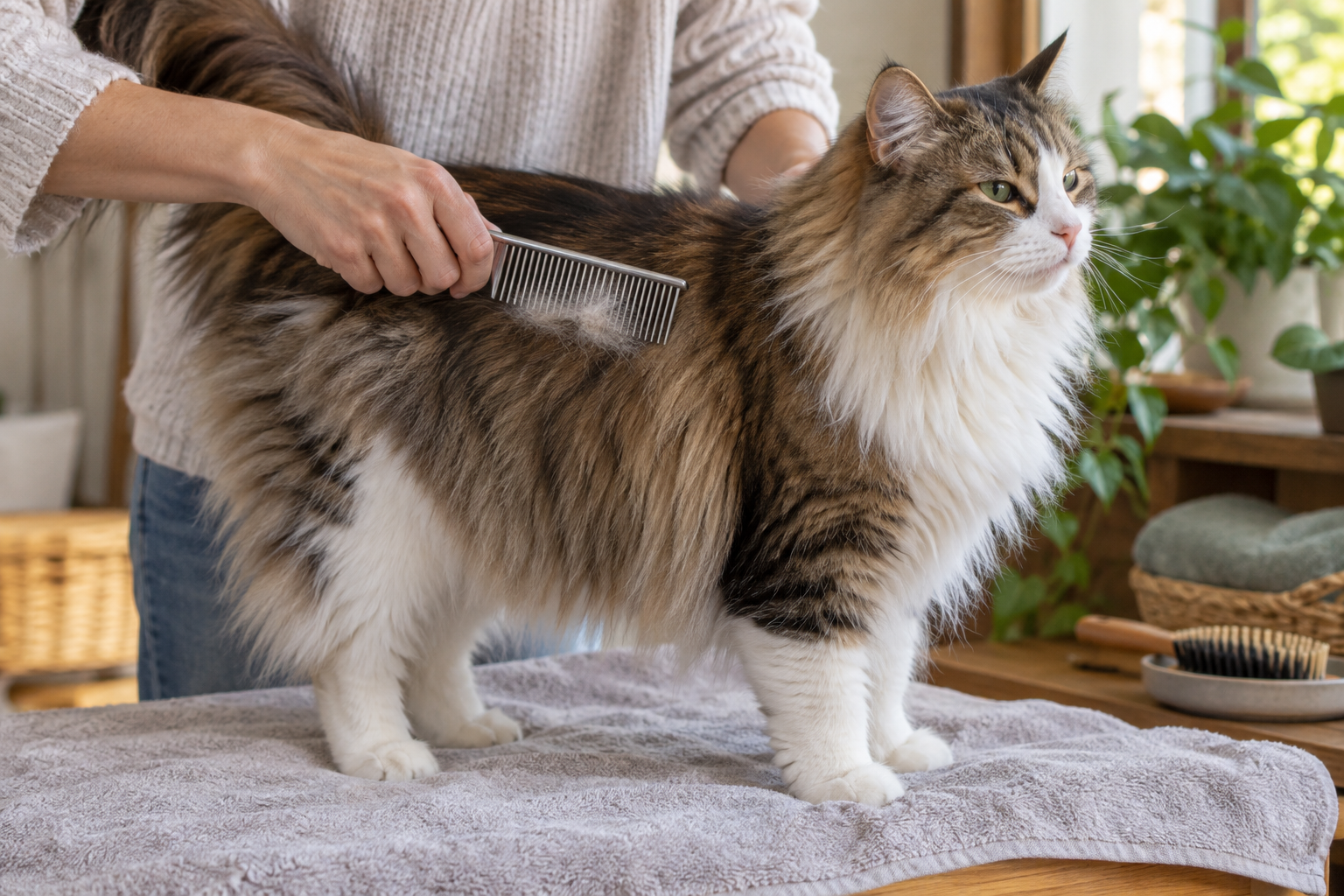 Owner gently combing loose hair from a relaxed long-haired cat