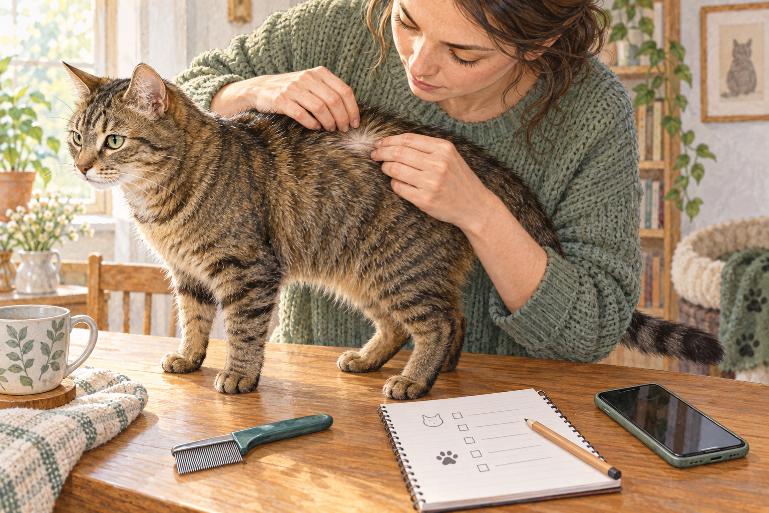 Owner gently parting a tabby cat’s fur under good light while keeping notes and a phone nearby