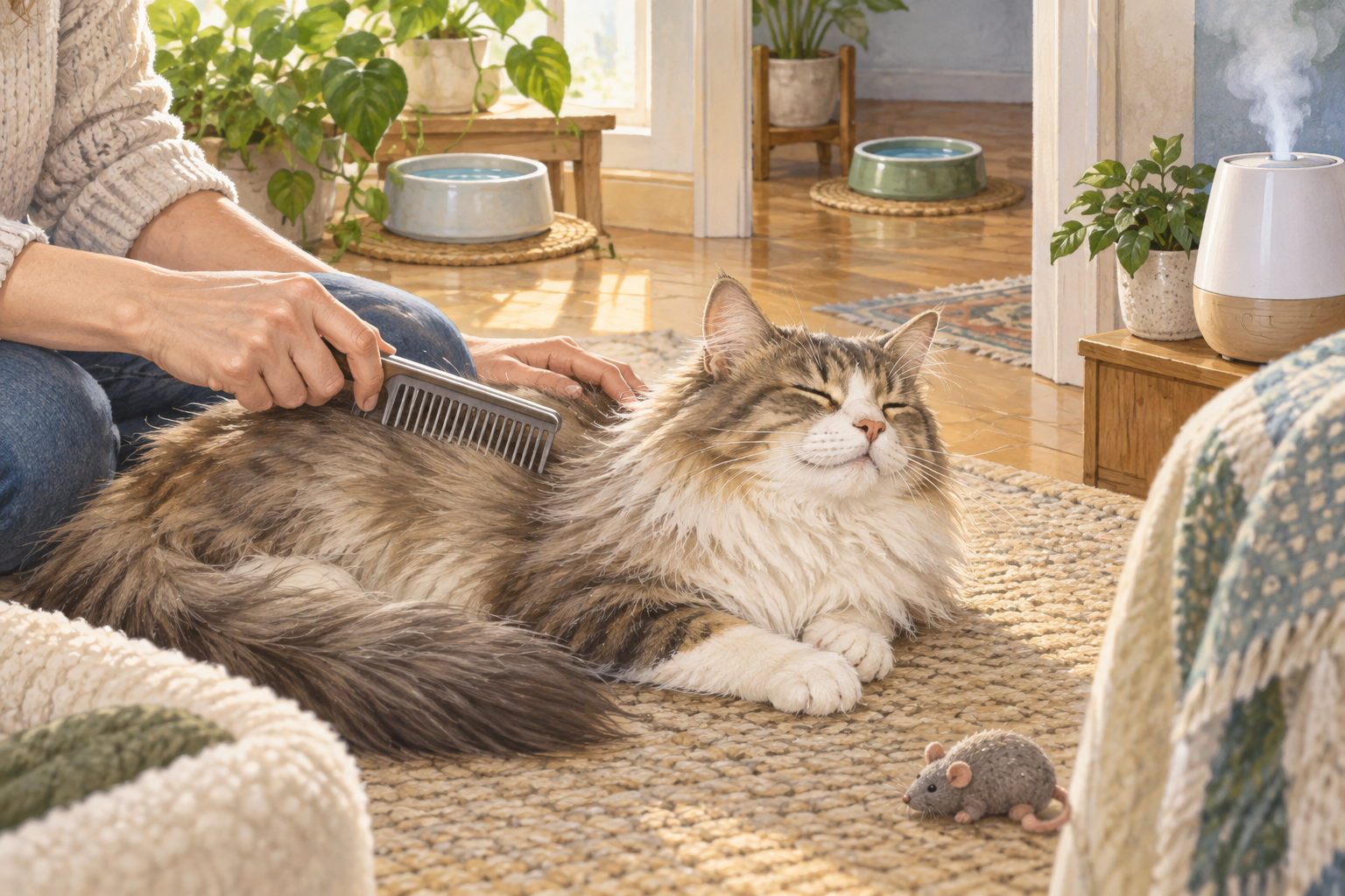 Long-haired cat being gently combed in a calm room with clean water bowls and a humidifier nearby