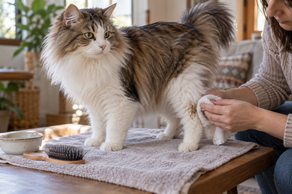 Longhaired cat receiving gentle spot cleaning with a damp cloth