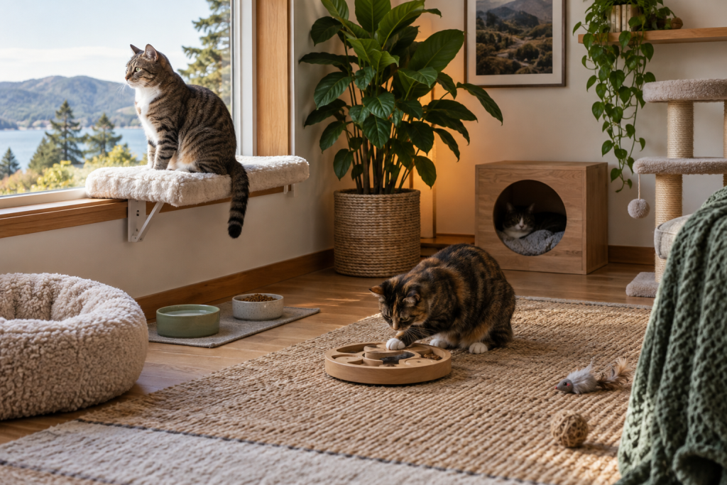 A quiet enriched room with cat perches, hiding places, separated resources and a puzzle feeder