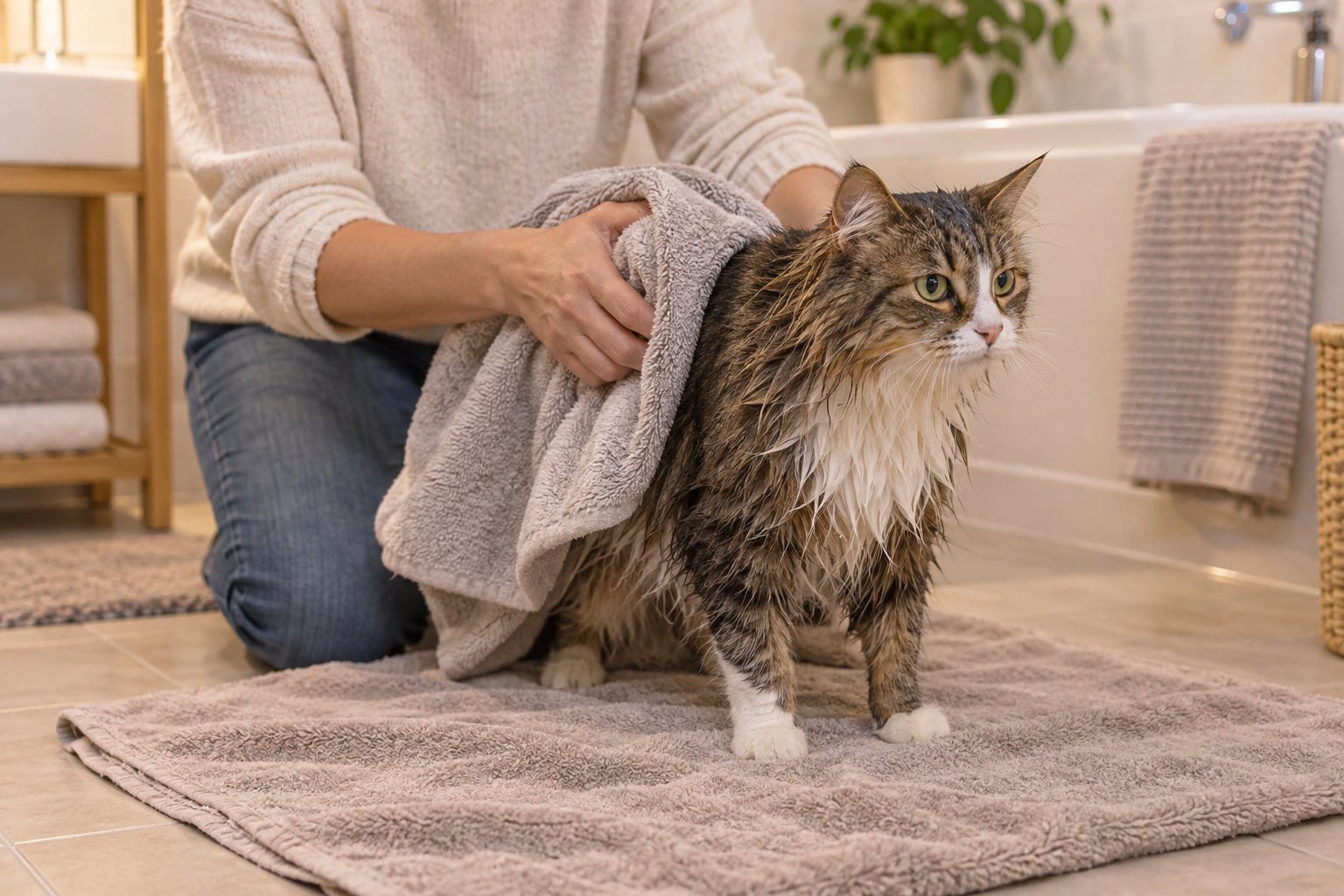 Owner gently blotting a damp long-haired cat with a towel in a warm bathroom