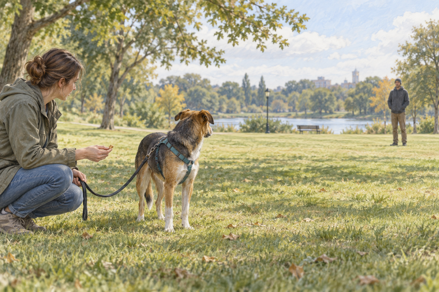 Dog watching a distant stranger while its handler offers a food reward