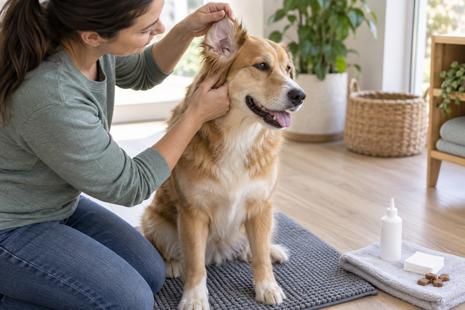 Handler gently lifting a relaxed dog's ear flap to inspect the visible opening