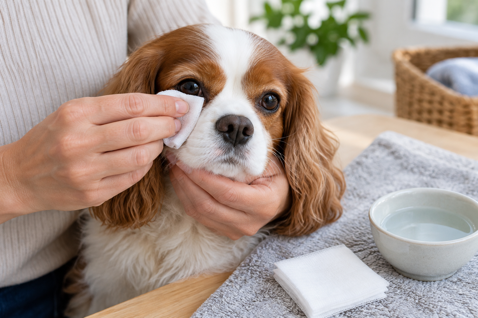 Handler wiping the fur below a dog's eye with clean damp gauze