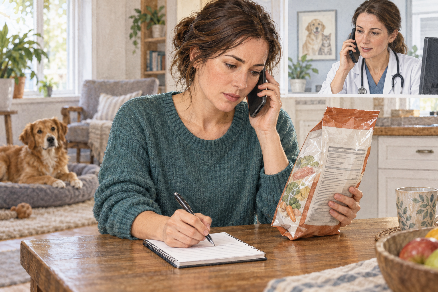 Person calling a veterinarian while checking a food package after a dog ate something uncertain
