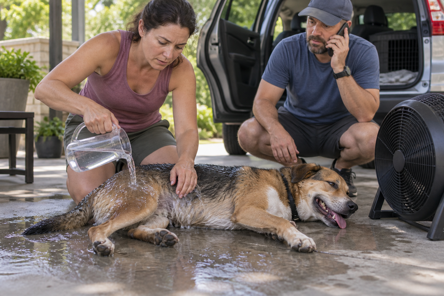 Owners cooling an overheated dog with water and airflow while calling a veterinarian