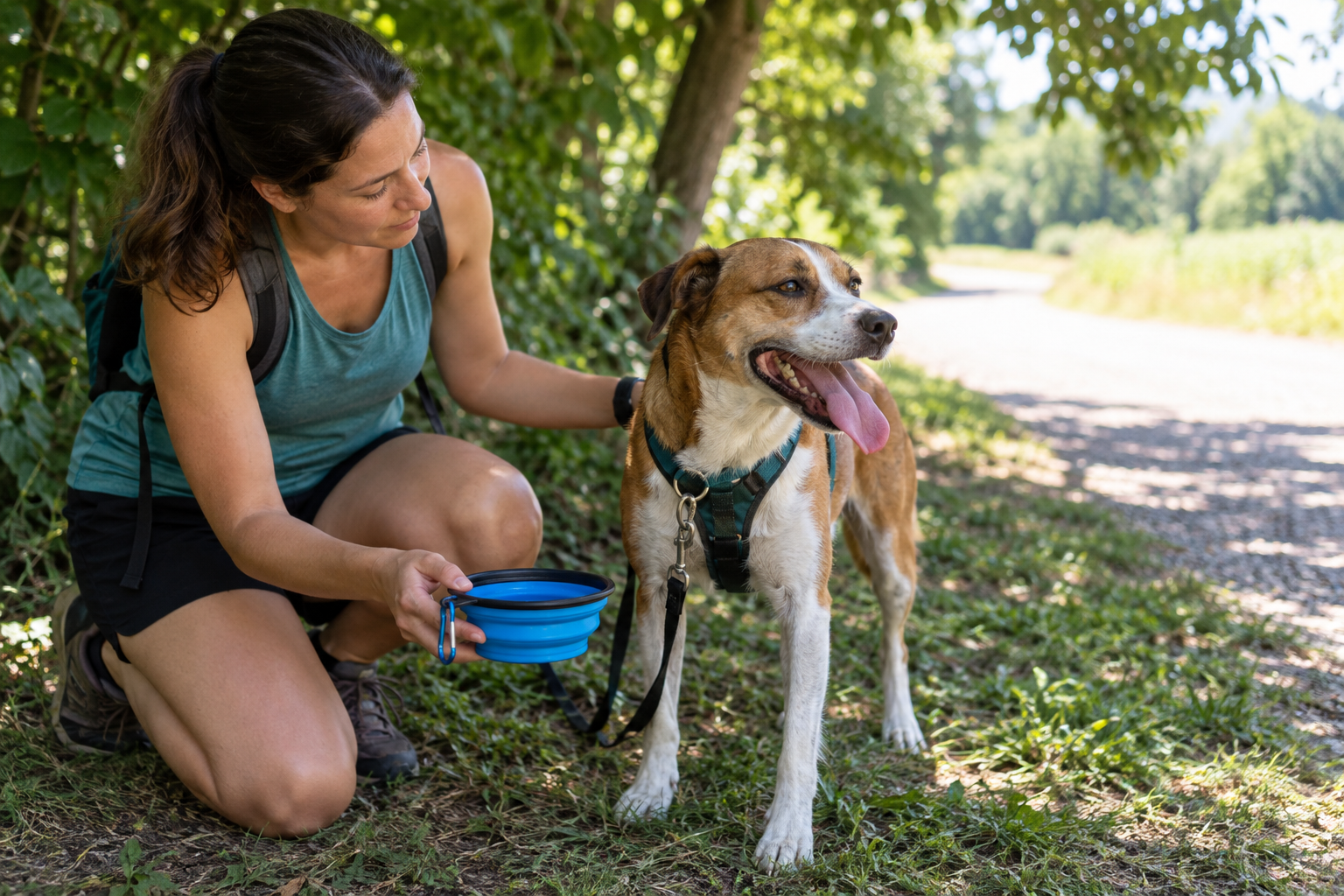 Owner stopping in deep shade and offering water to a heavily panting dog