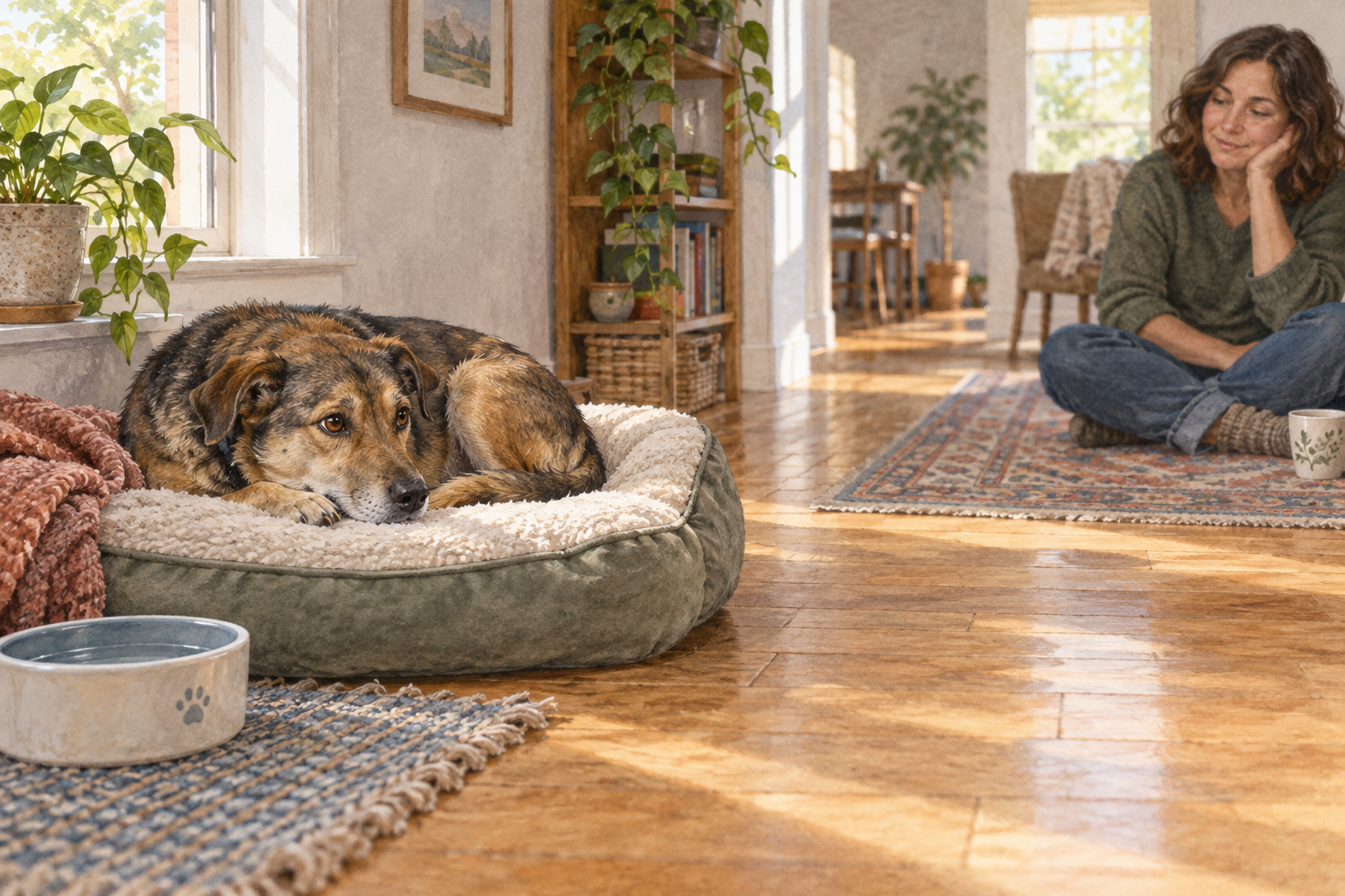 Cautious dog resting on a bed while a person sits at a respectful distance
