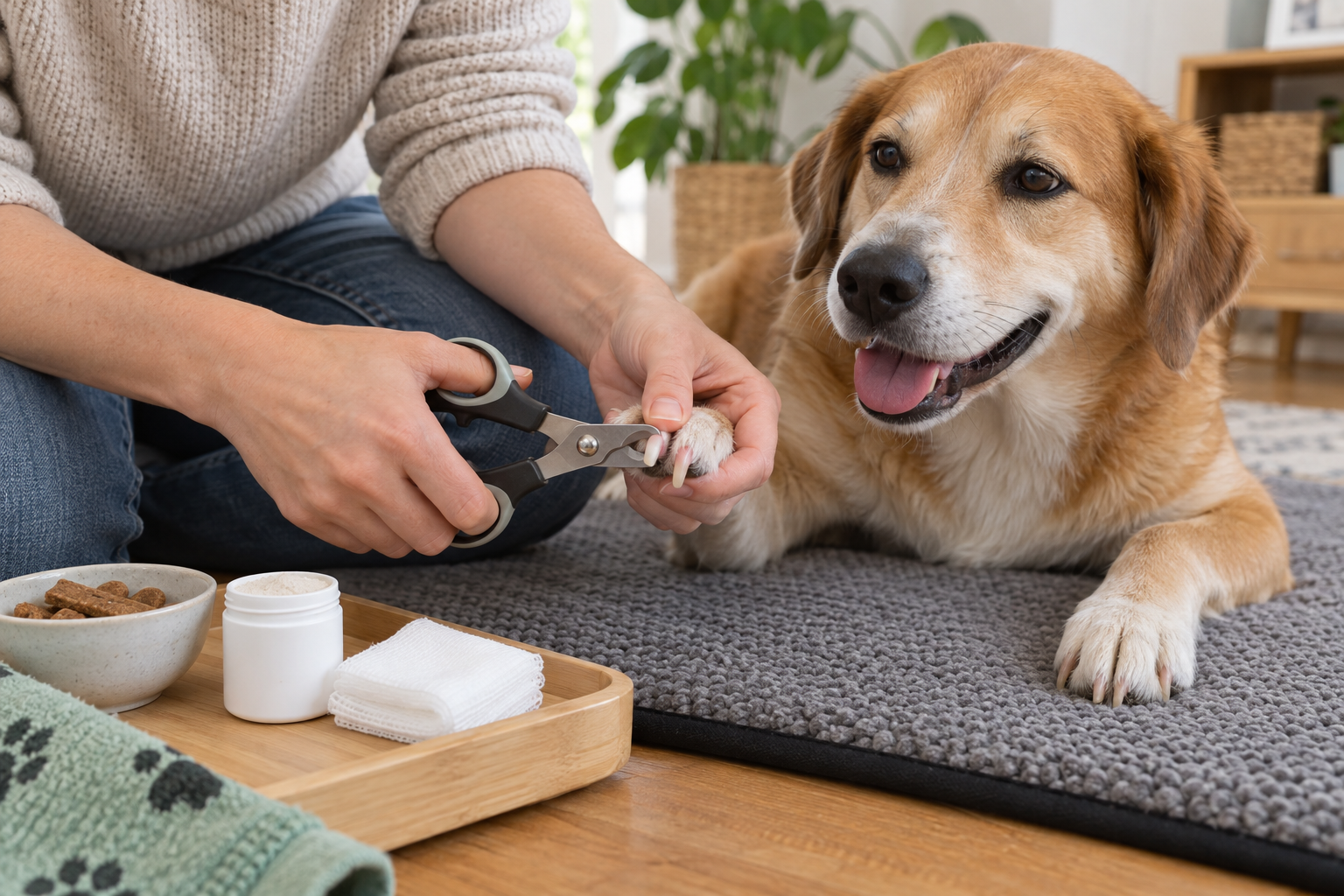Handler trimming only the tip of a dog's nail on a non-slip mat