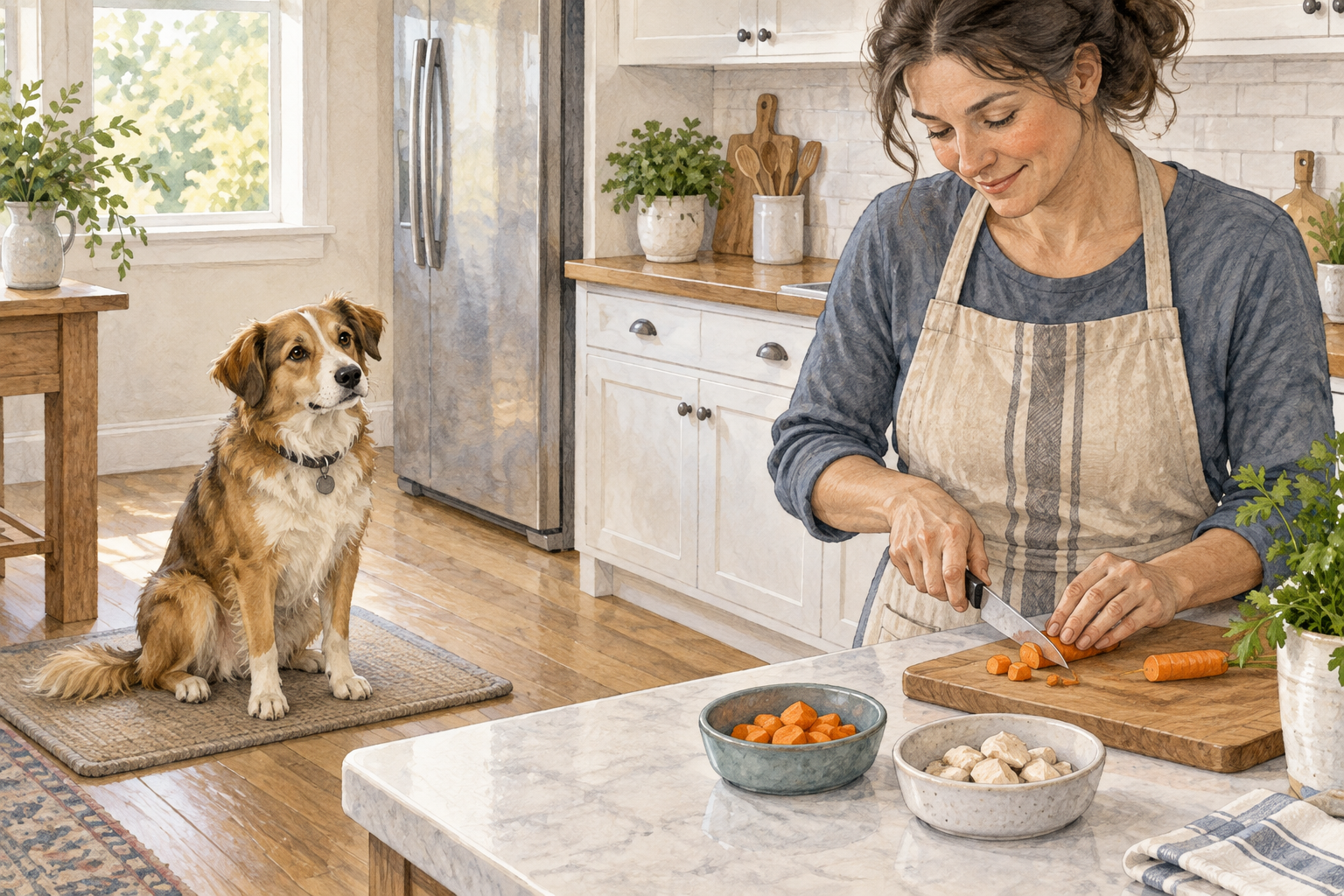 Dog waiting away from a kitchen counter while small portions of plain carrot and cooked chicken are prepared