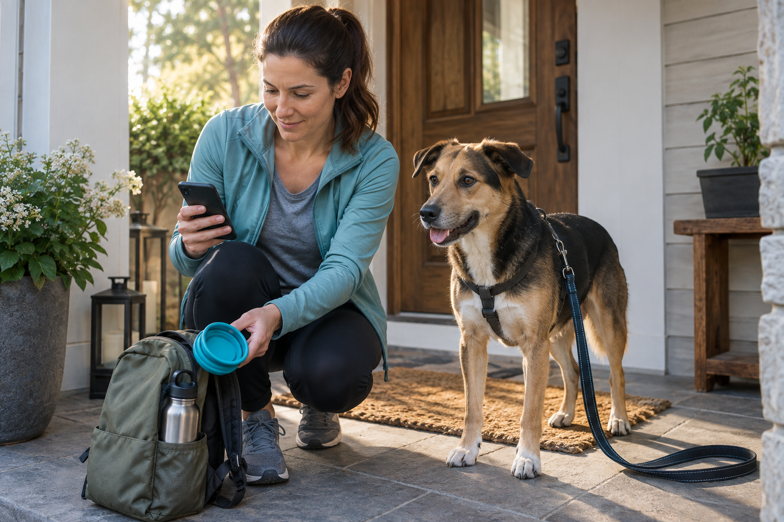 Dog owner checking the weather and packing water before an early summer walk