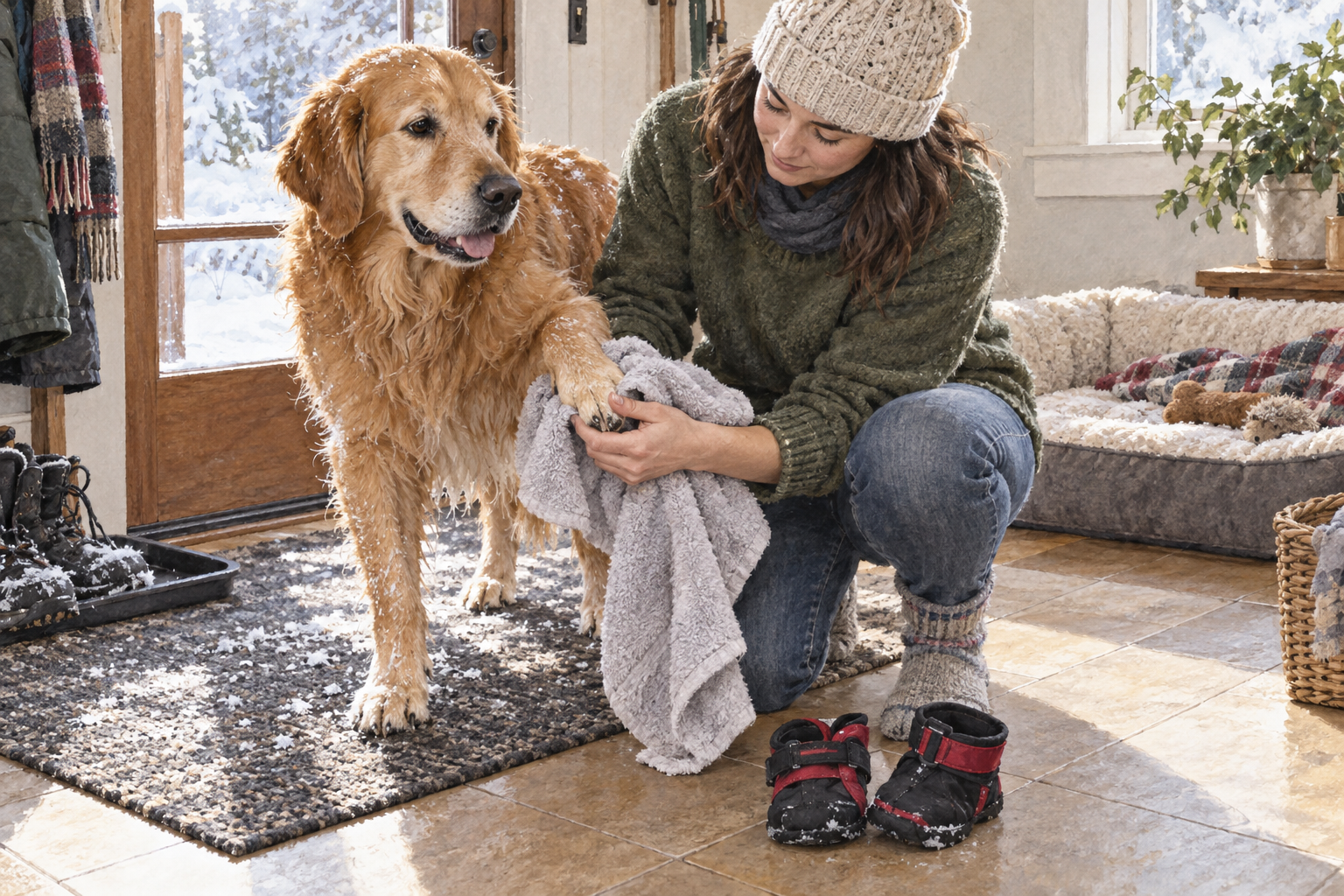 Person gently drying a dog’s paws after a winter walk