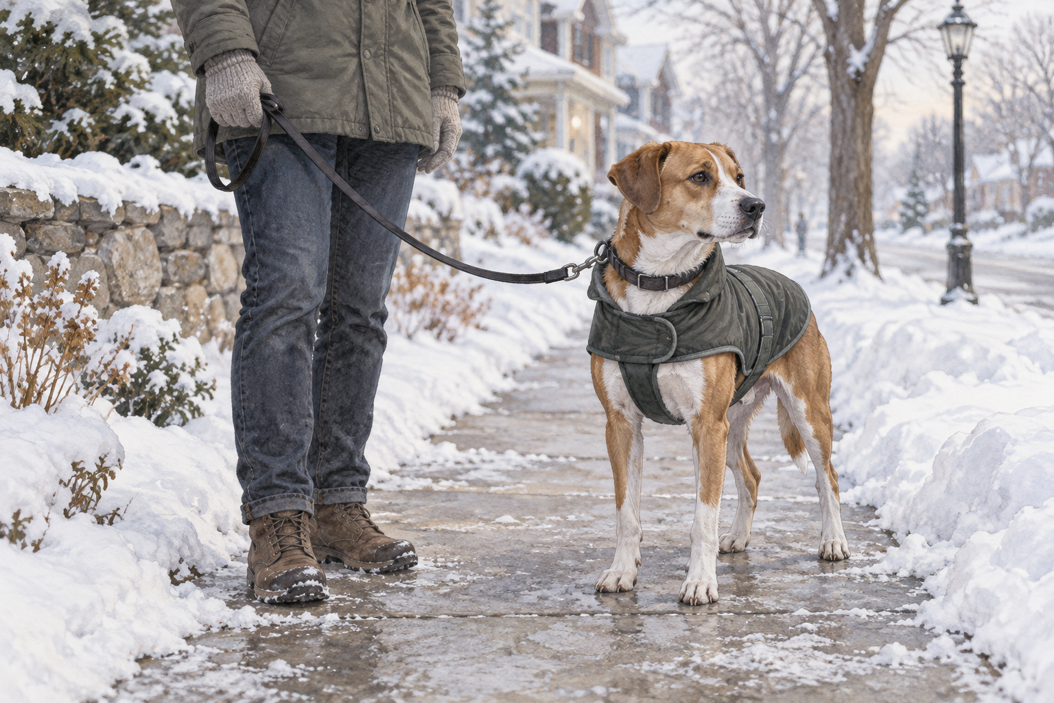 Short-coated dog wearing a winter coat during a calm snowy walk
