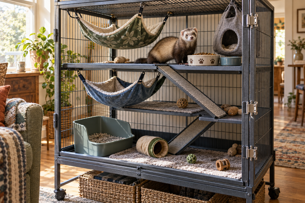 A multi-level ferret home base with covered floors, ramps, hammocks, food, water and a separate litter tray
