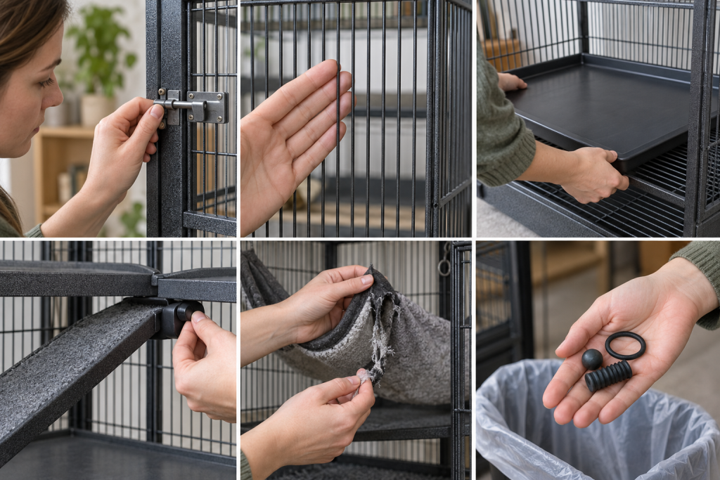 Hands checking cage latches, bar spacing, floor covers, ramp fittings and worn fabric