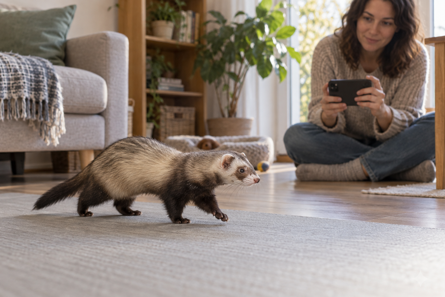 An owner observing a ferret walking across a safe non-slip floor