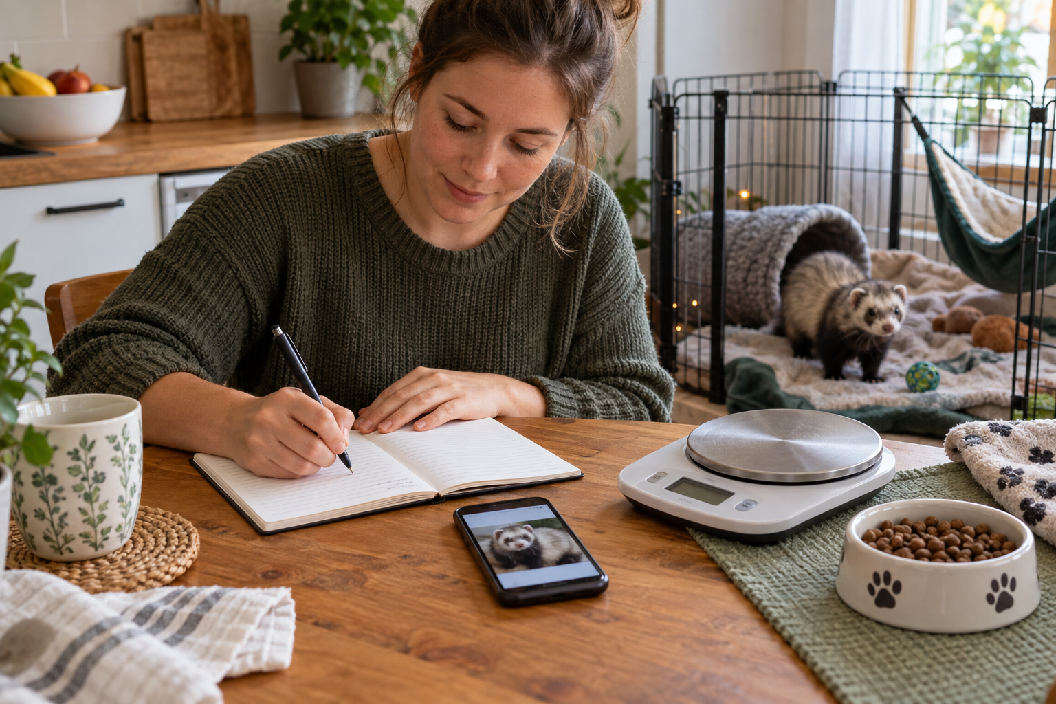 An owner recording a ferret's weight, appetite and daily behavior in a health notebook