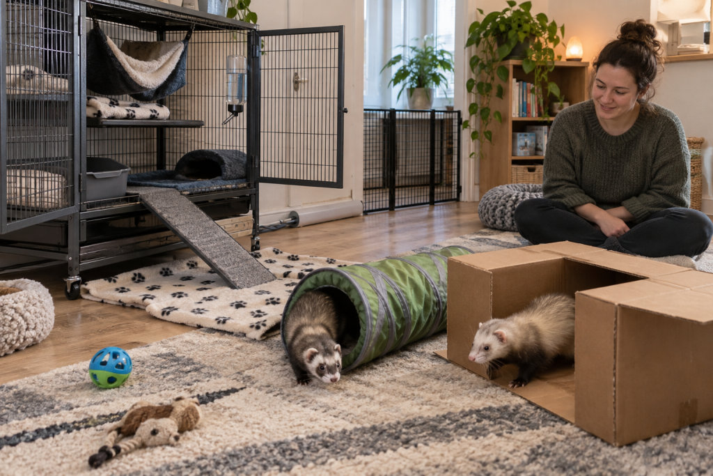 Two ferrets exploring a supervised, ferret-proofed play area beside an open home-base cage
