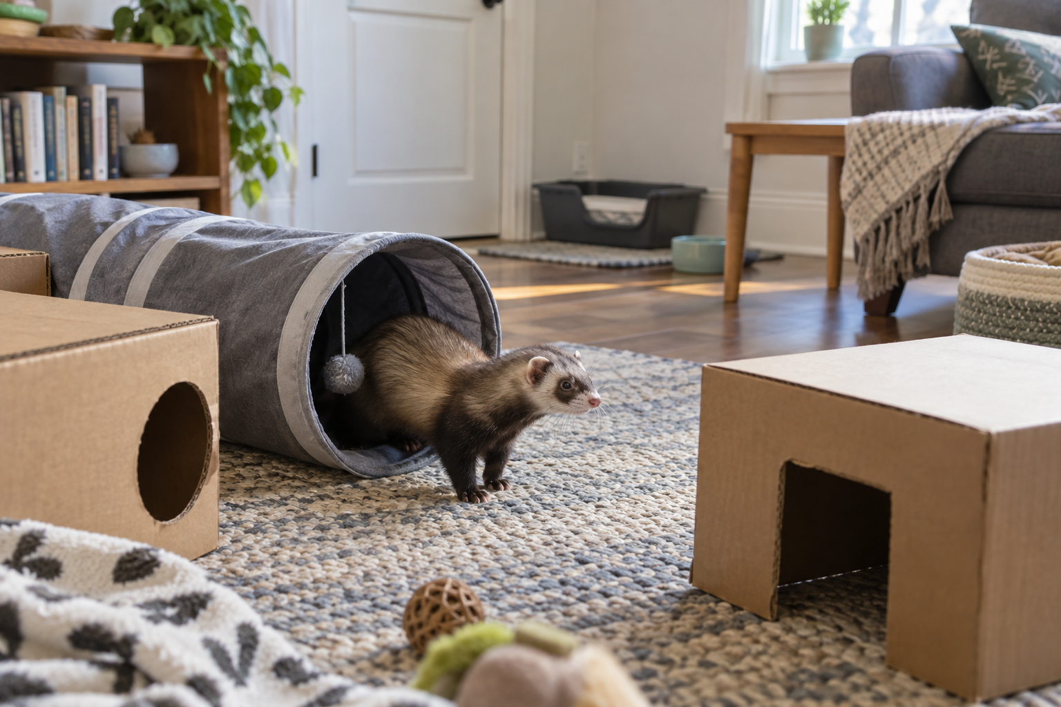 Illustration of a ferret-safe playroom with tunnels, hiding places, water and a litter tray