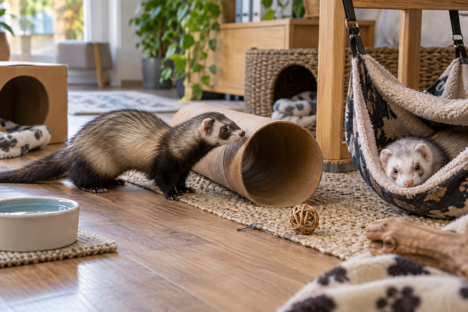 Illustration of two ferrets in a shared room with separate sleeping and activity areas