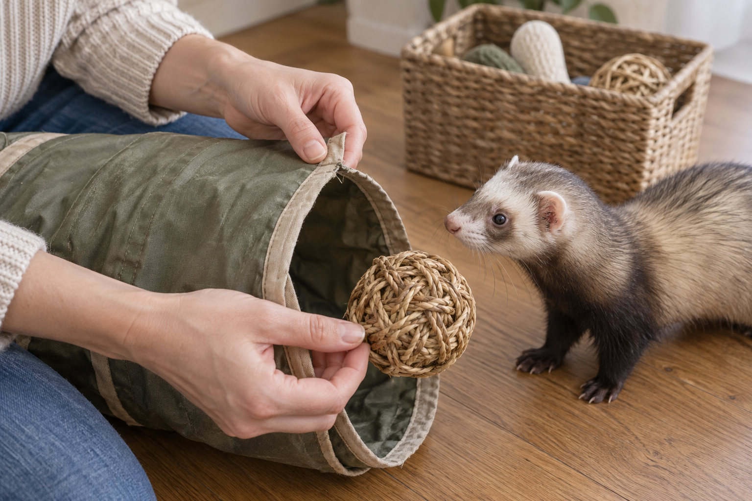 Illustration showing a person checking a ferret tunnel and toys for loose or damaged pieces