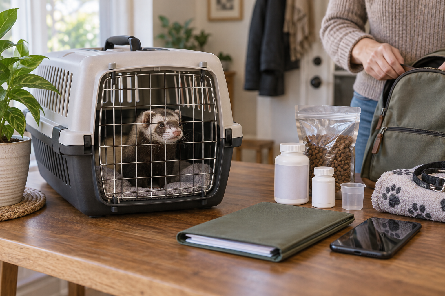 A secure ferret carrier beside food, medication and records prepared for a veterinary visit