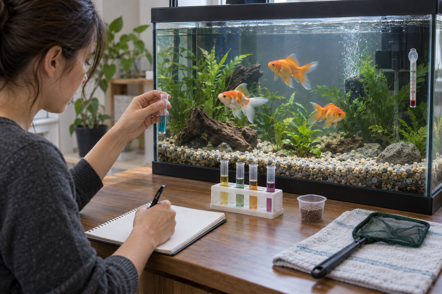 Owner recording a goldfish feeding while checking aquarium temperature and water test results