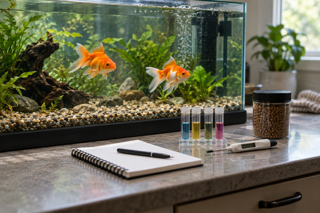 Goldfish aquarium beside a water test kit, thermometer, food container and blank notebook
