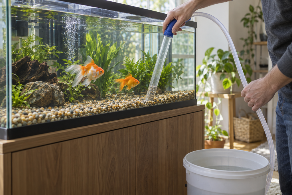 Person gently siphoning gravel in a goldfish aquarium into a dedicated bucket