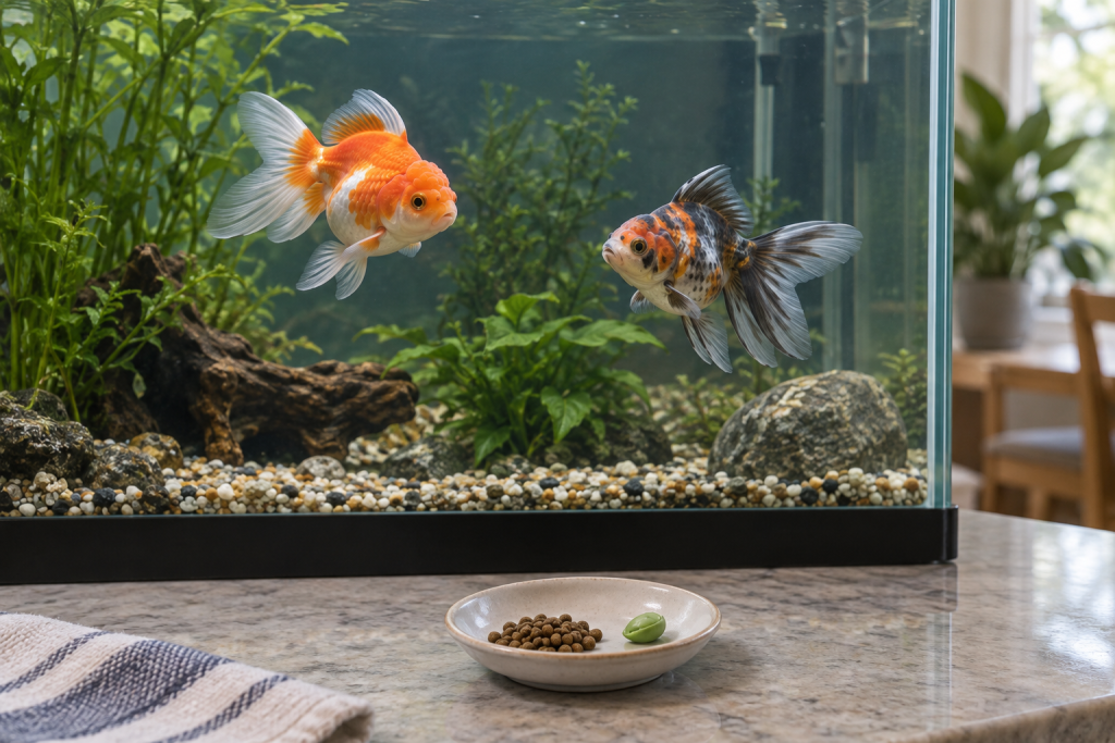 Measured portion of goldfish pellets and a small pea supplement beside a goldfish aquarium