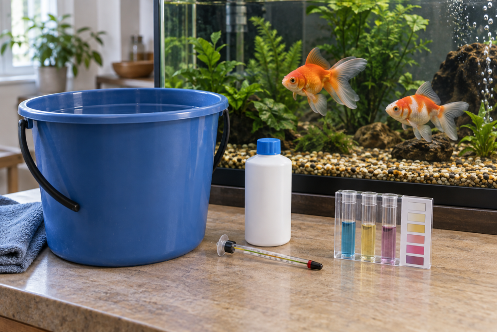 Dedicated bucket, water conditioner, thermometer and water test kit beside a goldfish aquarium